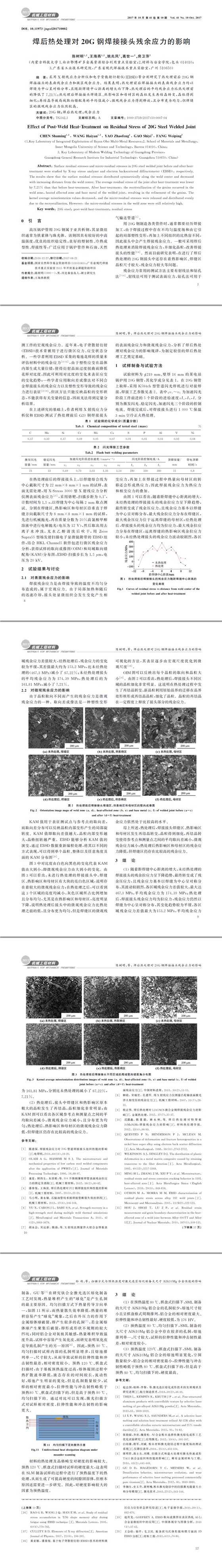 焊后热处理对20G钢焊接接头残余应力的影响