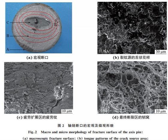 图２ 轴销断口的宏观及微观形貌