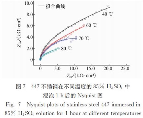 图７ ４４７不锈钢在不同温度的８５％ Ｈ２ＳＯ４ 中