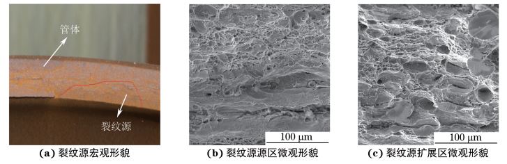 图６ 裂纹源源区和扩展区断口形貌