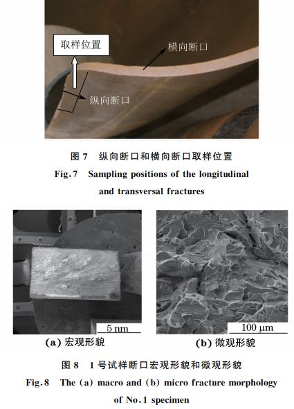 图８ １号试样断口宏观形貌和微观形貌