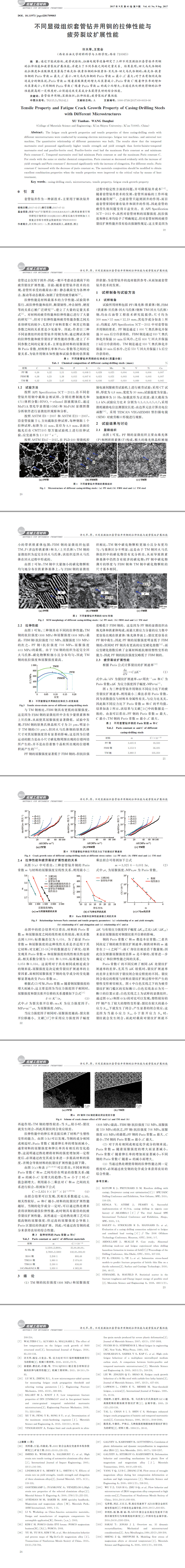 不同显微组织套管井用钢的拉伸性能与疲劳裂纹扩展性能