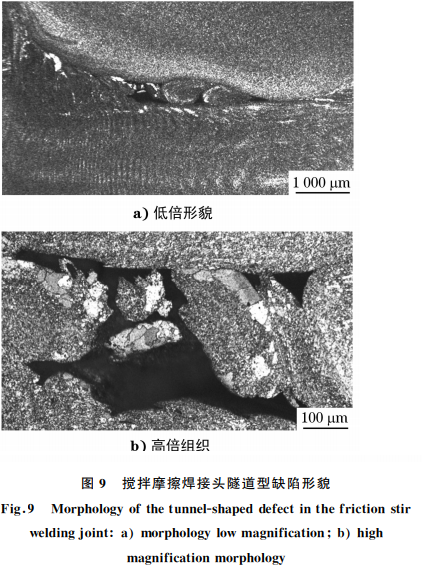 图９ 搅拌摩擦焊接头隧道型缺陷形貌