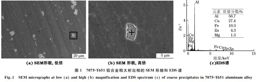 图１ ７０７５ＧT６５１铝合金粗大析出相的SEM 形貌和 EDS谱